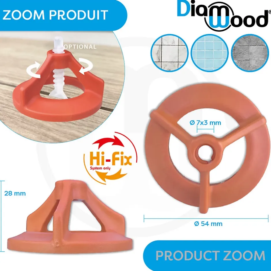 Diamwood Expert En Equipement 100 Cadrans de Croisillons Autonivelants à visser "HI-FIX" pour tige D. 7 x 3 mm (Réutilisables) - Diamwood