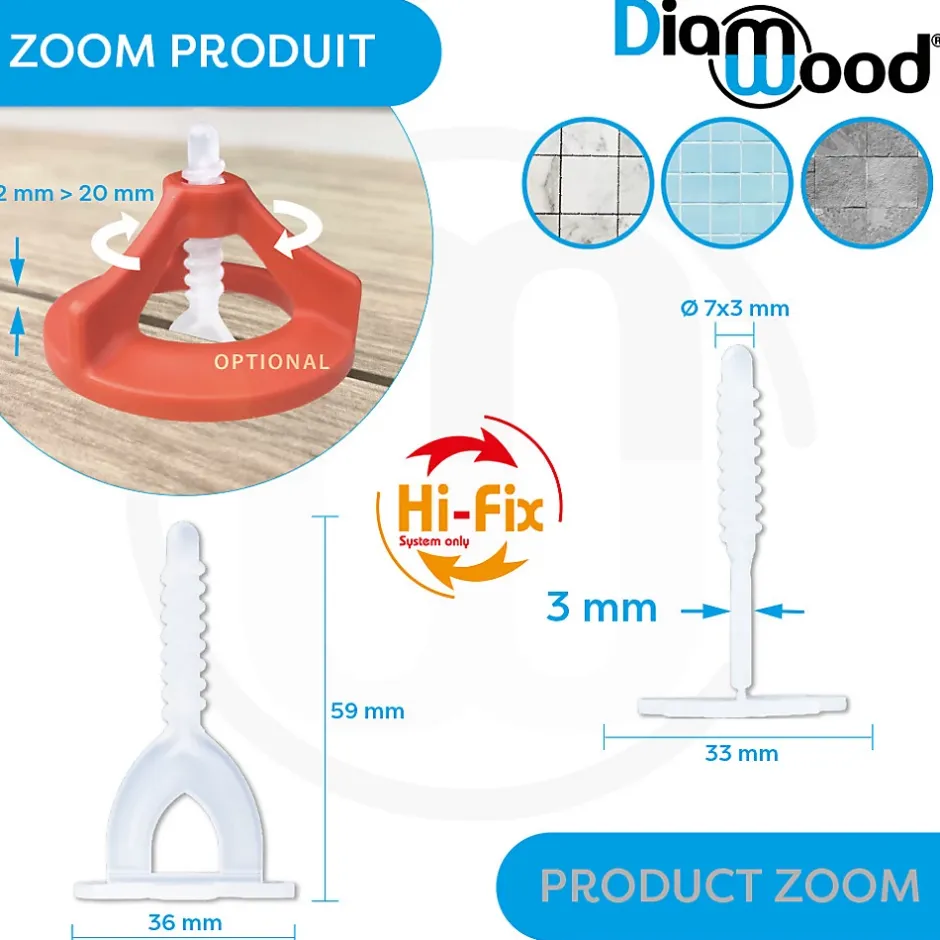 500 Croisillons Autonivelants à Visser 3 mm "HI-FIX" Pour Carreaux de 2 à 20 mm - Diamwood