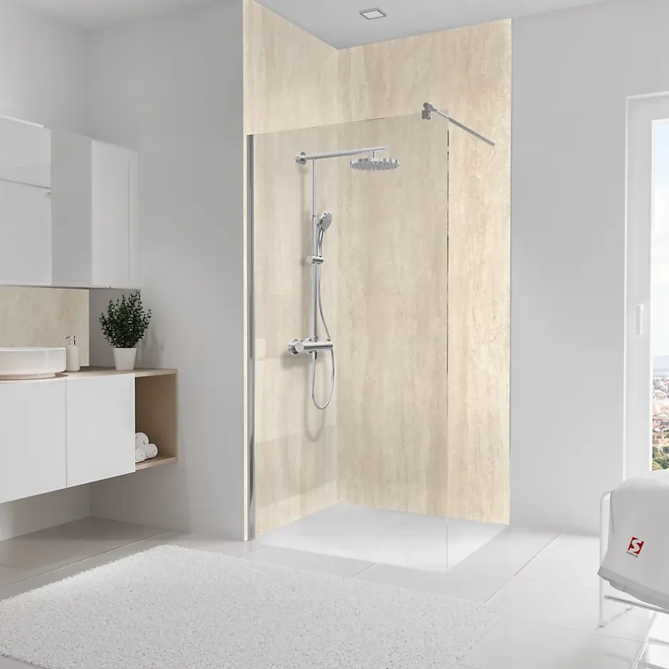 2 panneaux muraux de salle de bains l.100 x H.255 cm, effet pierre calcaire, DecoDesign-Schulte Online