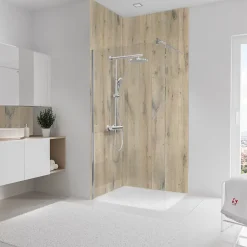 2 panneaux muraux de salle de bains l.100 x H.255 cm, effet chêne vieilli, DecoDesign-Schulte Best