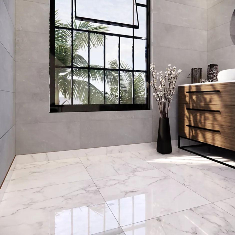 4 Plinthes en carrelage effet marbre blanc brillant L.60,8 x 9 cm x ép.8,5 mm, Aruma-GoodHome