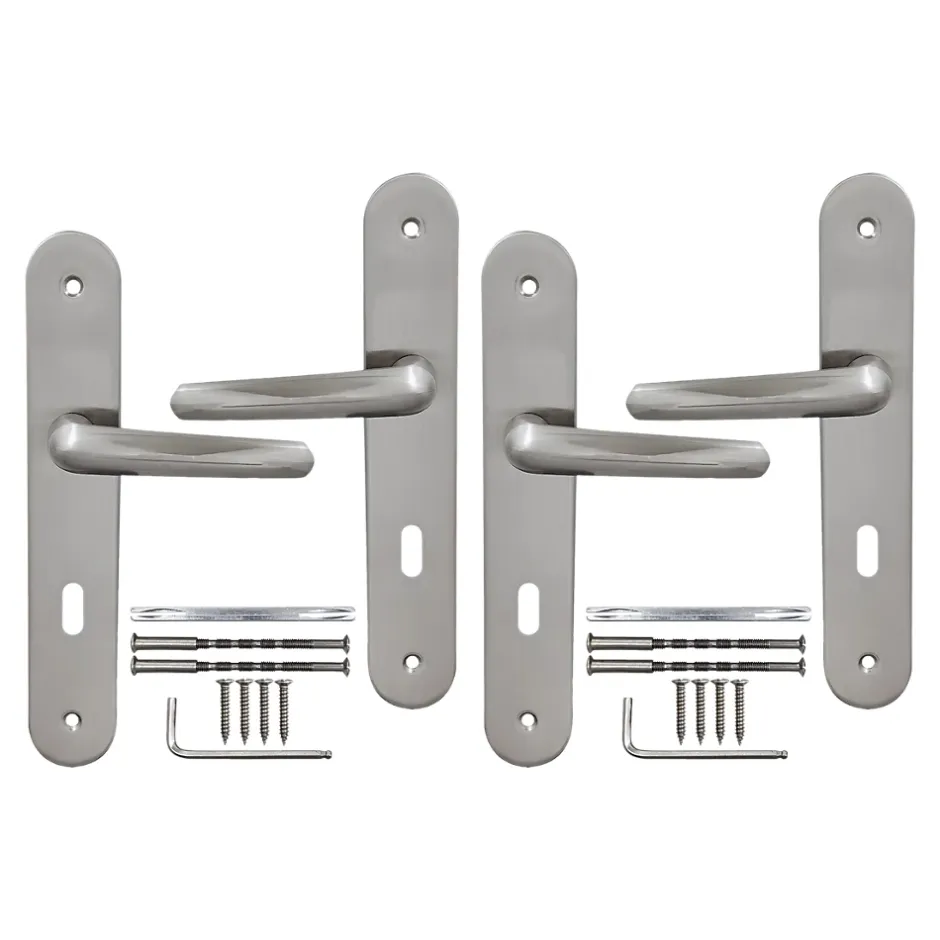 2 poignées de porte sur plaque rond avec serrure Amga, entraxe 195mm, coloris gris satiné