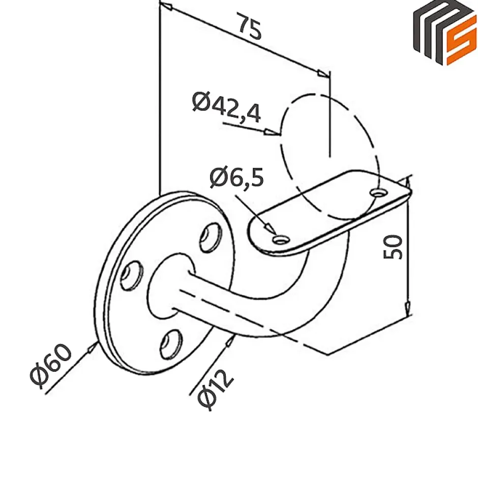 2 x Support mural fixe - Main courante diam. 42,4 mm - Platine 3 trous fraisés - Noir anthracite-MySystem