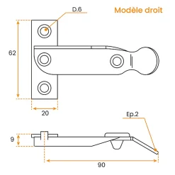 Torbel Arrêt de St Brieuc, avec Butée, Longueur 90 mm, Droite, pour Volet Battant et Persienne,