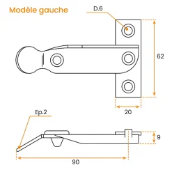 Arrêt de St Brieuc, avec Butée, Longueur 90 mm, Gauche, pour Volet Battant et Persienne,-Torbel