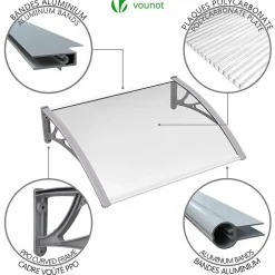 Vounot Auvent de porte marquise 120x80 cm transparent en Polycarbonate anti UV Gris