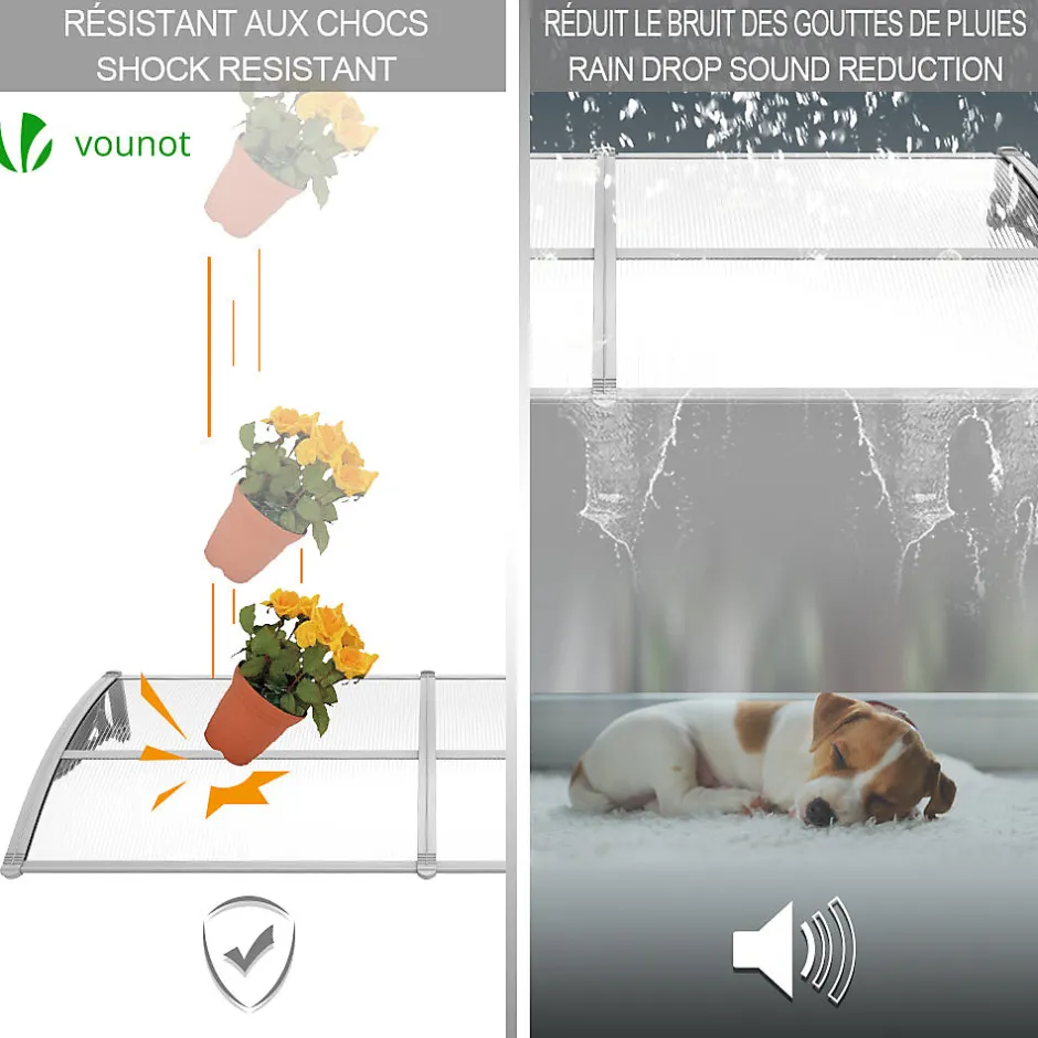 Vounot Auvent de porte marquise 200x80 cm transparent en Polycarbonate anti UV Gris