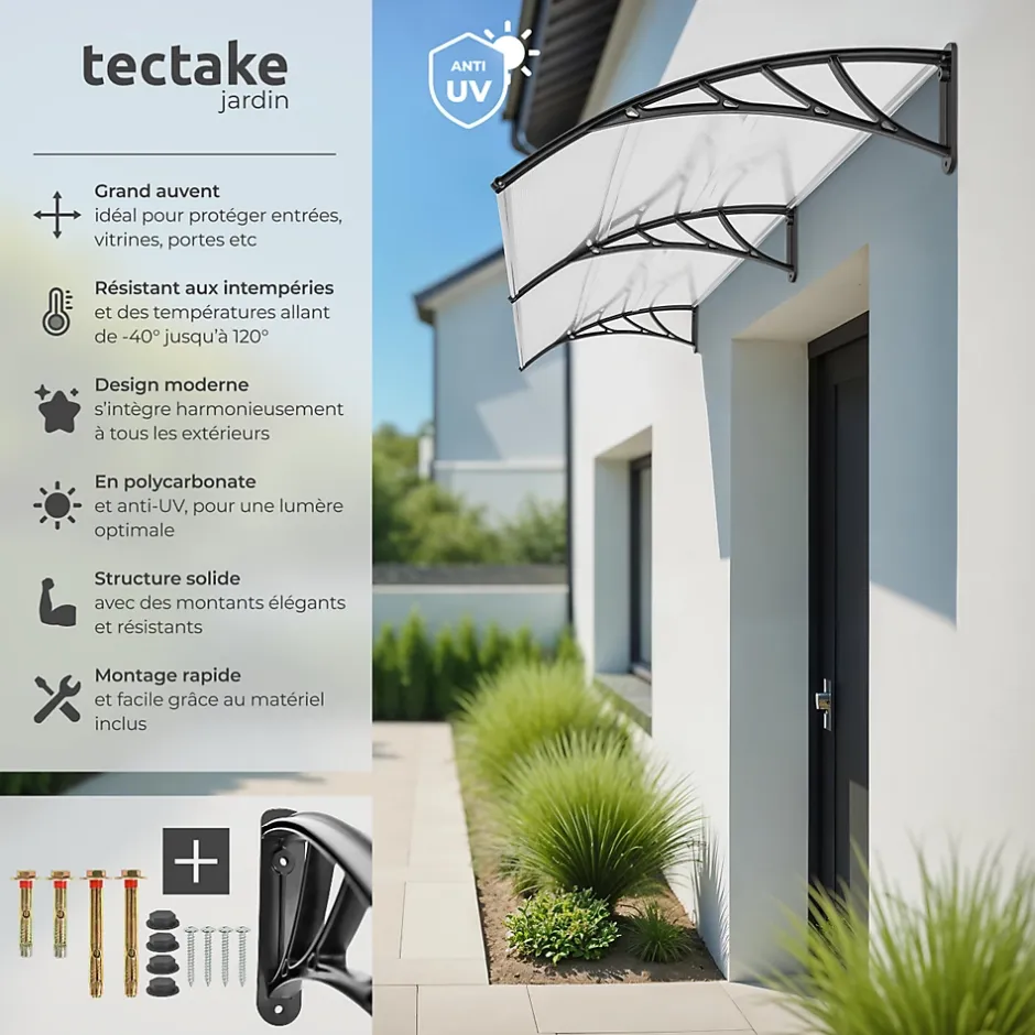 Tectake Auvent de porte Marquise Résistant aux intempéries blanc transparent