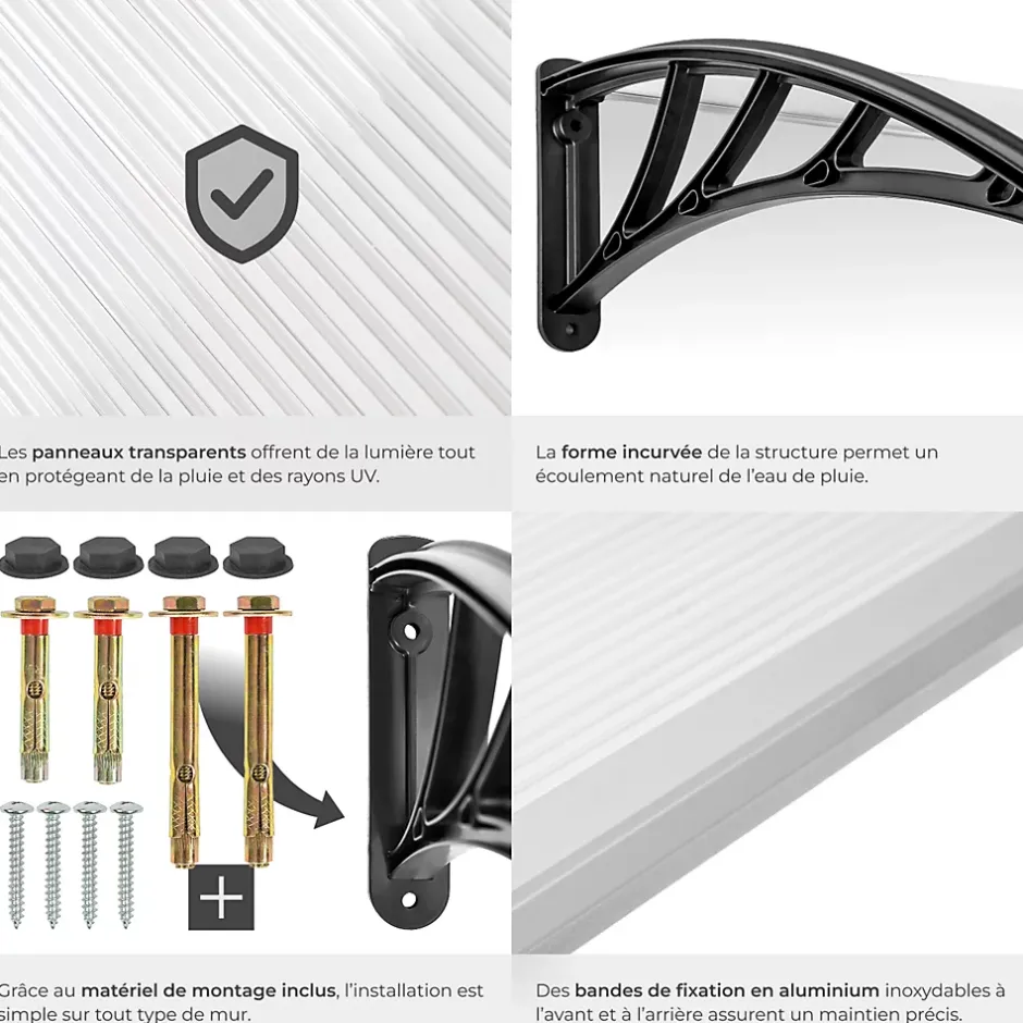 Tectake Auvent de porte Marquise Résistant aux intempéries blanc transparent