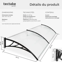 Tectake Auvent de porte Marquise Résistant aux intempéries blanc transparent