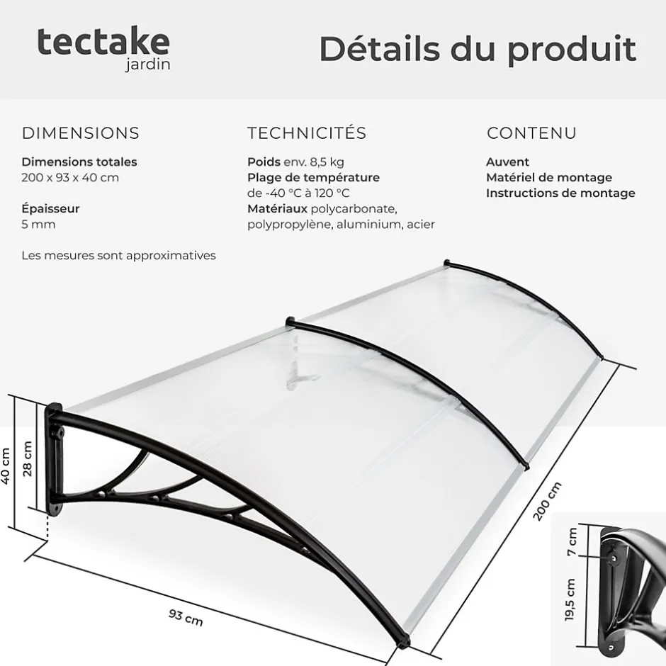 Tectake Auvent de porte Marquise Résistant aux intempéries blanc transparent
