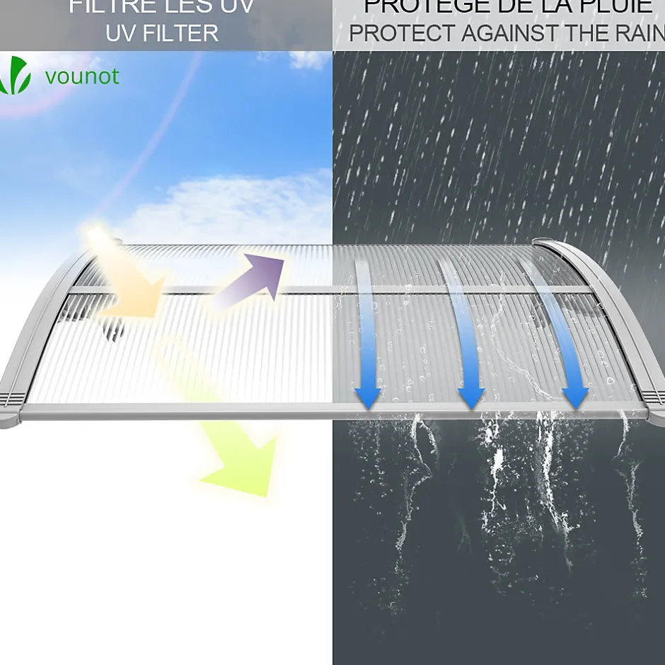 Auvent de porte marquise 100x80 cm transparent en Polycarbonate anti UV Gris-Vounot Discount