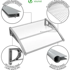 Auvent de porte marquise 100x80 cm transparent en Polycarbonate anti UV Gris-Vounot Discount