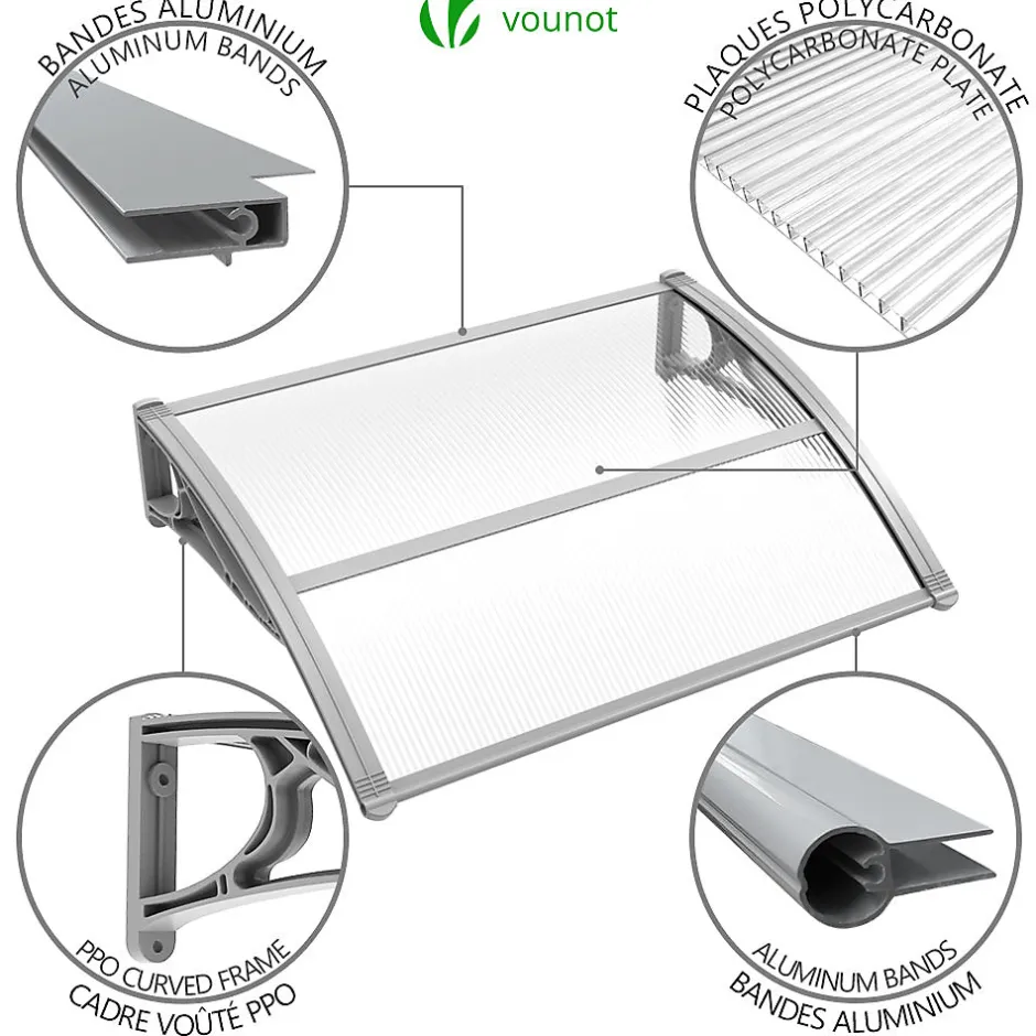 Auvent de porte marquise 100x80 cm transparent en Polycarbonate anti UV Gris-Vounot Discount