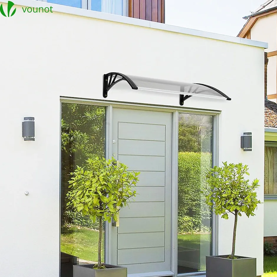 Vounot Auvent de porte marquise 120x80 cm transparent en Polycarbonate anti UV Noir