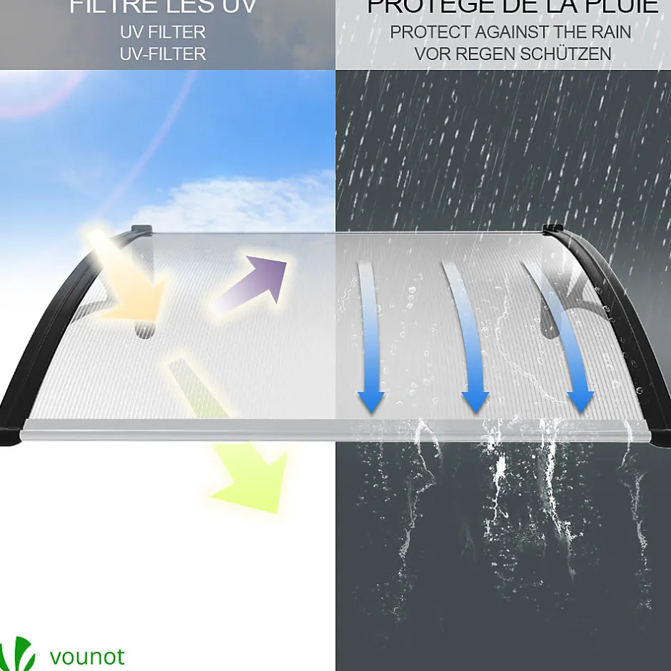 Vounot Auvent de porte marquise 120x80 cm transparent en Polycarbonate anti UV Noir