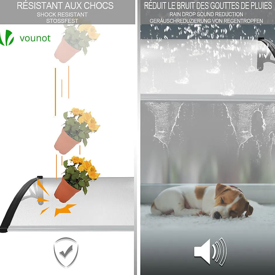 Vounot Auvent de porte marquise 120x80 cm transparent en Polycarbonate anti UV Noir