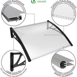 Vounot Auvent de porte marquise 120x80 cm transparent en Polycarbonate anti UV Noir