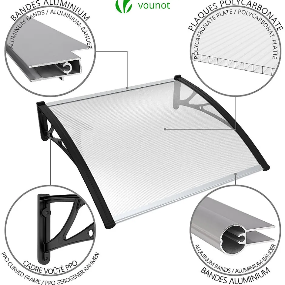 Vounot Auvent de porte marquise 120x80 cm transparent en Polycarbonate anti UV Noir