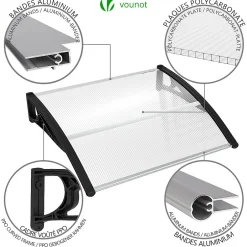 Vounot Auvent de porte marquise 120x80 cm transparent en Polycarbonate anti UV Noir