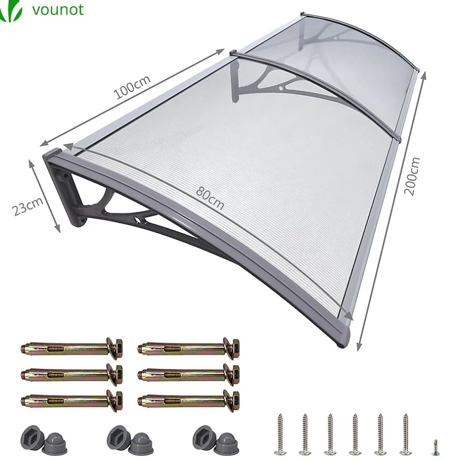 Vounot Auvent de porte marquise 200x80 cm transparent en Polycarbonate anti UV Gris