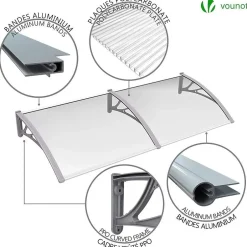 Vounot Auvent de porte marquise 200x80 cm transparent en Polycarbonate anti UV Gris