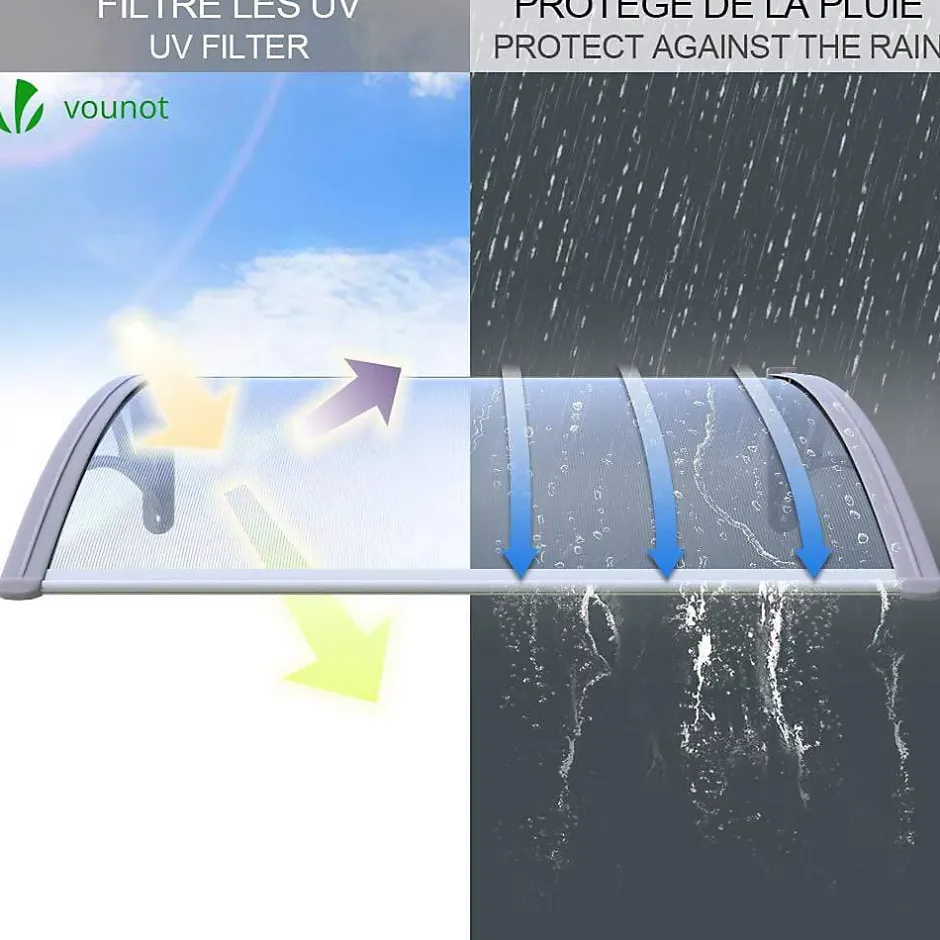 Vounot Auvent de porte marquise 100x80 cm transparent en Polycarbonate anti UV Gris