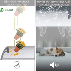 Vounot Auvent de porte marquise 100x80 cm transparent en Polycarbonate anti UV Gris