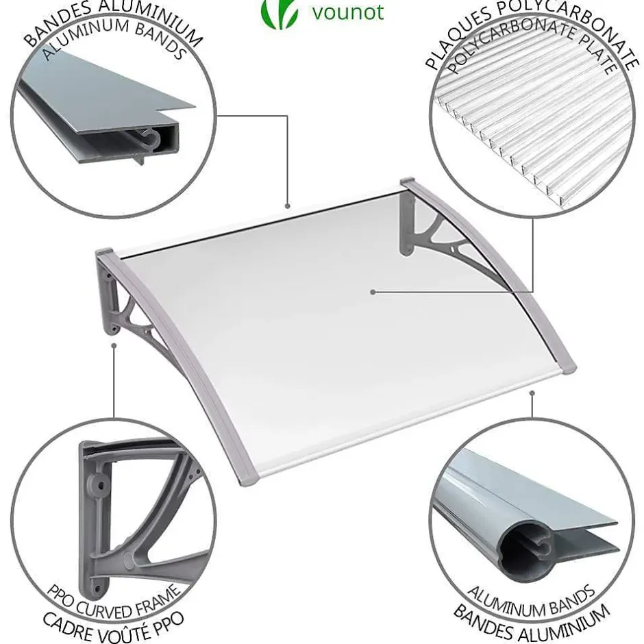 Vounot Auvent de porte marquise 100x80 cm transparent en Polycarbonate anti UV Gris
