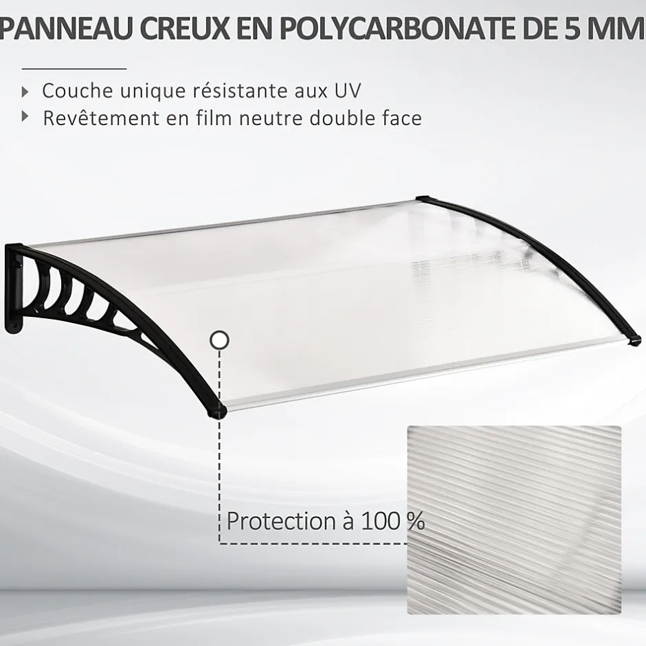 Outsunny Auvent marquise de porte design voûté arrondi dim. 122L x 89l x 24H cm polycarbonate PP noir