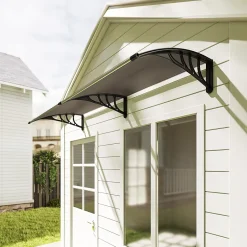 Outsunny Auvent marquise de porte design voûté arrondi dim. 195L x 80l x 23H cm polycarbonate fumé brun plastique noir