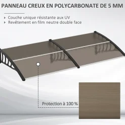 Auvent marquise de porte design voûté arrondi dim. 200L x 96l x 27H cm polycarbonate fumé brun PP noir-Outsunny Online