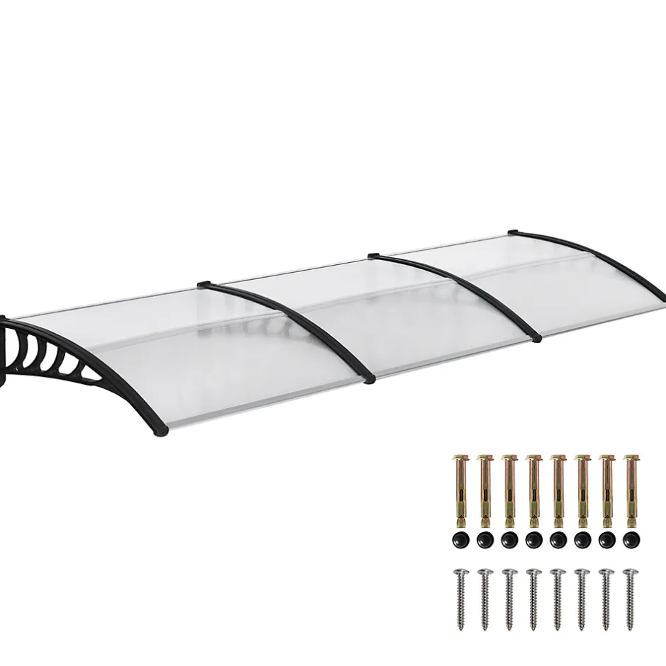 Outsunny Auvent marquise de porte design voûté arrondi dim. 303L x 96l x 27H cm alu polycarbonate plastique noir