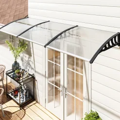 Outsunny Auvent marquise de porte design voûté arrondi dim. 303L x 96l x 27H cm alu polycarbonate plastique noir