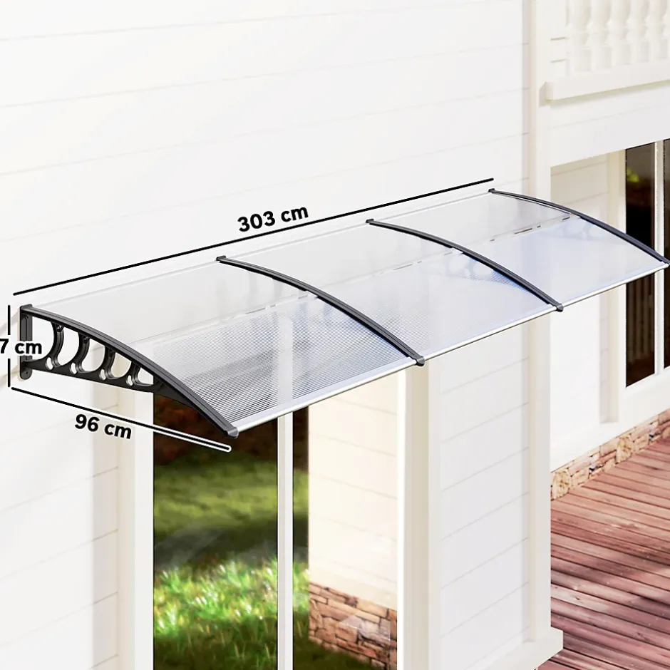 Outsunny Auvent marquise de porte design voûté arrondi dim. 303L x 96l x 27H cm alu polycarbonate plastique noir