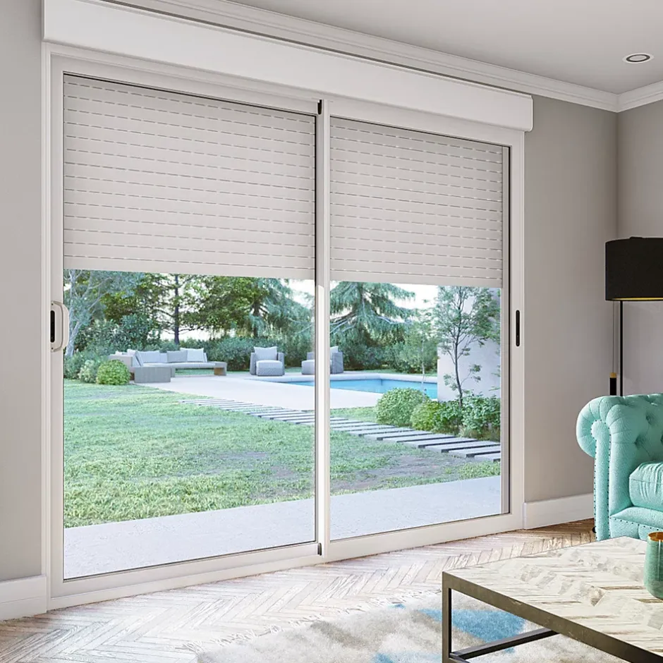 Baie coulissante alu blanc avec volet roulant électrique intégré motorisation Somfy l.240 x H.200 cm Uw=2