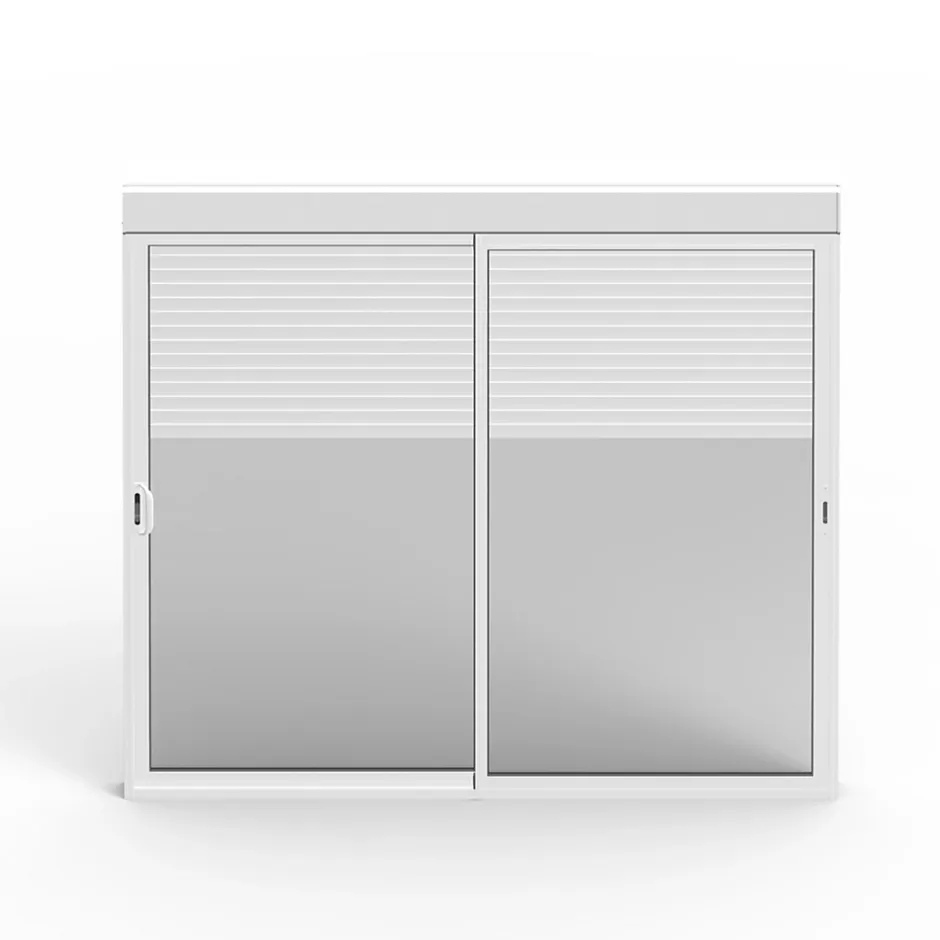 Baie coulissante alu blanc avec volet roulant électrique intégré motorisation Somfy l.240 x H.200 cm Uw=2