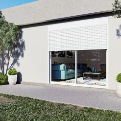 Baie coulissante alu blanc avec volet roulant électrique intégré motorisation Somfy l.240 x H.200 cm Uw=2