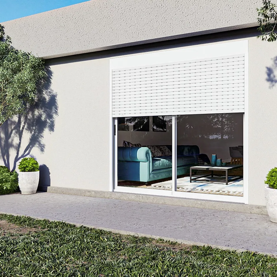 Baie coulissante alu blanc avec volet roulant électrique intégré motorisation Somfy l.240 x H.200 cm Uw=2