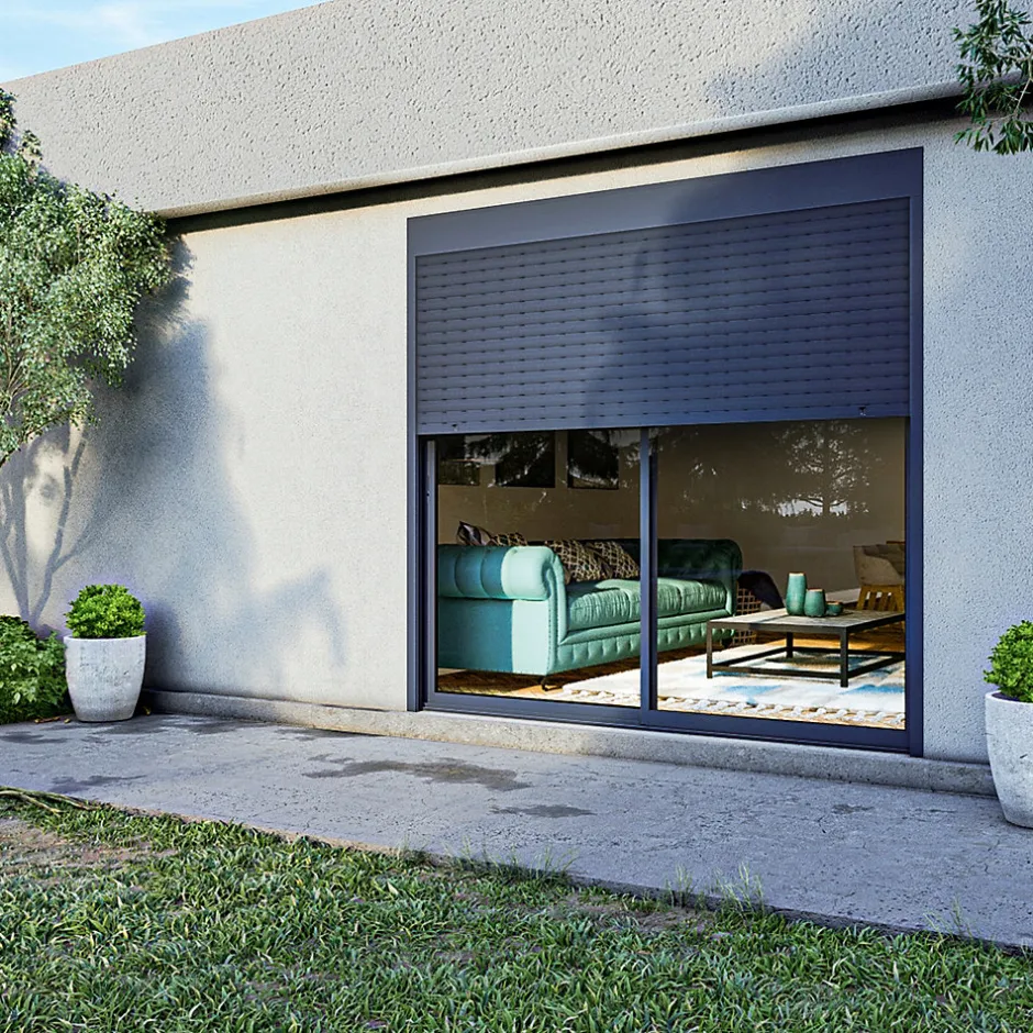 Baie coulissante en aluminium gris avec volet roulant filaire l.180 x H.215 cm Uw=2