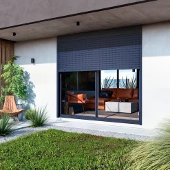 Baie coulissante en aluminium bicolore avec volet roulant électrique intégré motorisation SOMFY l.240 x H.200 cm Uw=2- Clearance