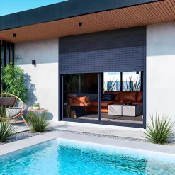 Baie coulissante en aluminium bicolore avec volet roulant électrique intégré motorisation SOMFY l.240 x H.200 cm Uw=2- Clearance