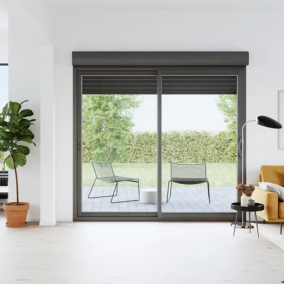 Baie vitrée coulissante alu + volet roulant motorisé gris - l.240 x h.200 cm - Uw 1,7-GoodHome Clearance