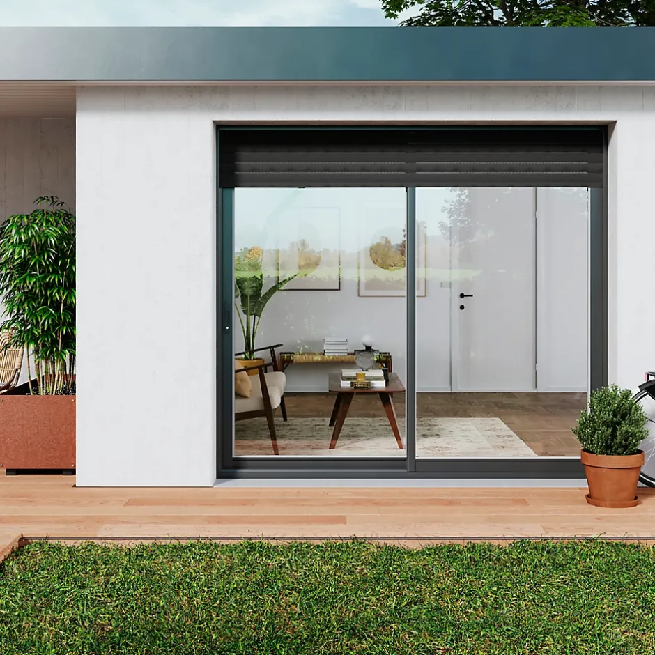 Baie vitrée coulissante alu + volet roulant motorisé gris - l.240 x h.200 cm - Uw 1,7-GoodHome Clearance