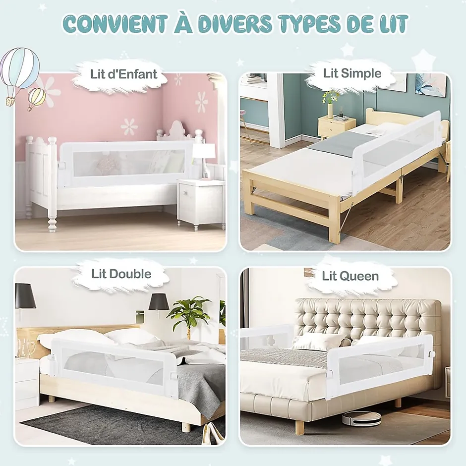 Barriere de Lit Pliable et Portable avec Cadre en Metal , en Forme de T, avec Mecanisme a Double Bouton (Blanc, 150 x 40 x 42 CM)-Giantex Online