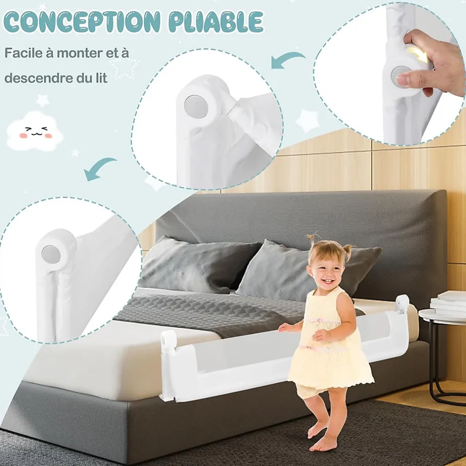 Barriere de Lit Pliable et Portable avec Cadre en Metal , en Forme de T, avec Mecanisme a Double Bouton (Blanc, 150 x 40 x 42 CM)-Giantex Online