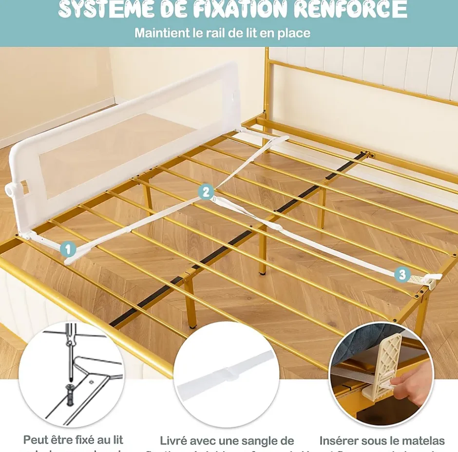 Barriere de Lit Pliable et Portable avec Cadre en Metal , en Forme de T, avec Mecanisme a Double Bouton (Blanc, 150 x 40 x 42 CM)-Giantex Online