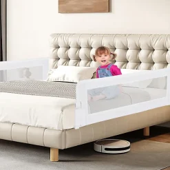 Barriere de Lit Pliable et Portable avec Cadre en Metal , en Forme de T, avec Mecanisme a Double Bouton (Blanc, 150 x 40 x 42 CM)-Giantex Online