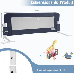 Giantex Barriere de Lit Pliable et Portable avec Cadre en Metal, en Forme de T, avec Mecanisme a Double Bouton (Gris, 120 x 40 x 42 CM)