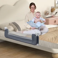 Giantex Barriere de Lit Pliable et Portable avec Cadre en Metal, en Forme de T, avec Mecanisme a Double Bouton (Gris, 120 x 40 x 42 CM)